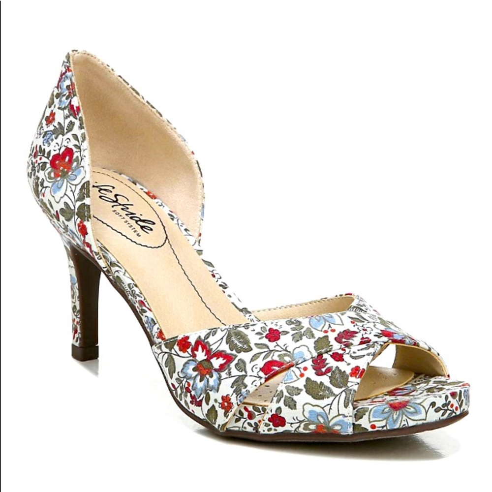 LifeStride Mykonos peep-toe pumps 8 Wide cute floral pattern 3” heel